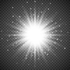 White glowing light burst explosion on transparent background. Bright flare effect decoration with ray sparkles. Transparent shine gradient glare texture. Vector illustration lights effect