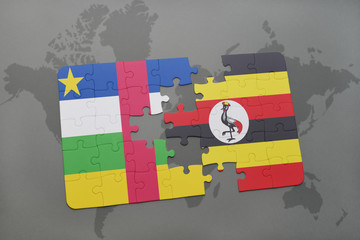 puzzle with the national flag of central african republic and uganda on a world map