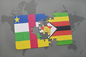 puzzle with the national flag of central african republic and zimbabwe on a world map
