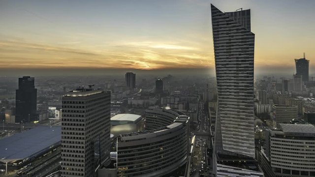 Sundown over Warsaw downtown - time laps 