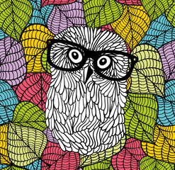 Smart owl in glasses on the colorful background.