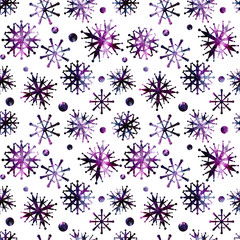 Watercolor Snowflakes and Violet Galaxy Seamless Pattern