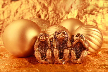 Morality, See no Evil Hear no Evil Speak no Evil, Monkey, Three Objects, Ape gold Christmas balls