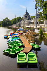 Colorful boats on the lake in Varosliget public city park, Budapest, Hungary