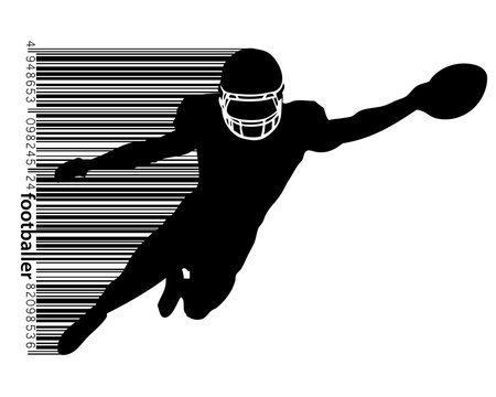 silhouette of a football player and barcode. Rugby. American footballer