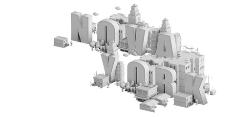 3d render of a mini city, typography 3d of the name nova york