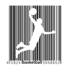 Silhouette of a basketball player and barcode.
