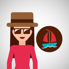 toursit female hat sunglasses sailboat vector illustration eps 10