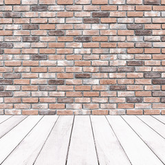 Wooden white balcony and brick wall background