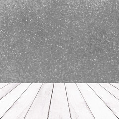 Wooden white balcony and gray bokhe background