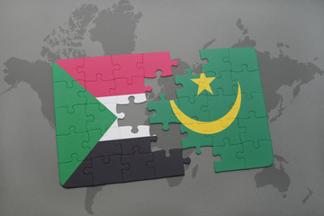 puzzle with the national flag of sudan and mauritania on a world map