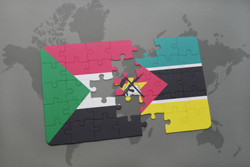 puzzle with the national flag of sudan and mozambique on a world map