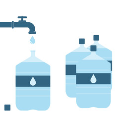 Pouring water from tap faucet into office plastic bottle. Bottle supply with water. Set of plastic bottles. Vector illustration