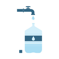 Pouring water from tap faucet into office plastic bottle. Bottle supply with water. Vector illustration