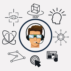 character man vr headset reality glasses wired glove interface fiction vector illustration eps 10