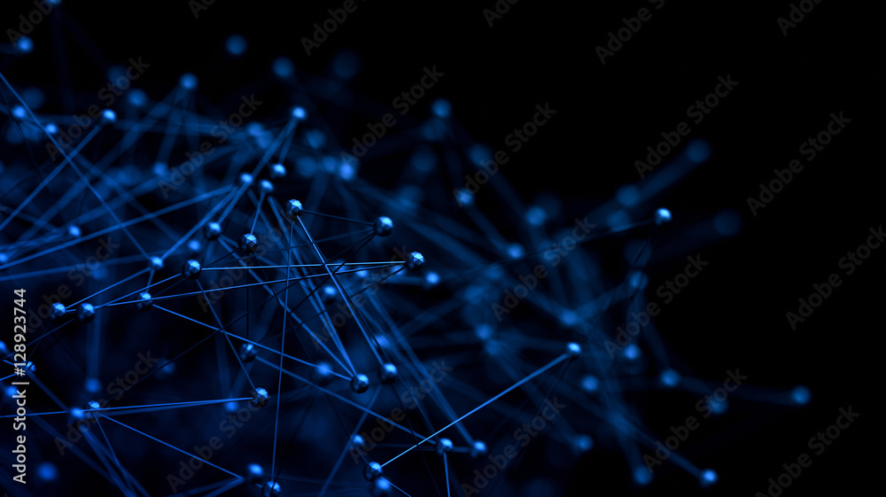 Poster abstract 3d rendering of chaotic structure. plexus background with lines and polygonal spheres in em