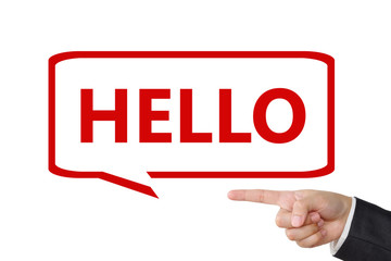 Hand point Hello word in bubble speech on white background