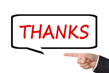 Hand pointing thanks word in bubble speech on white background