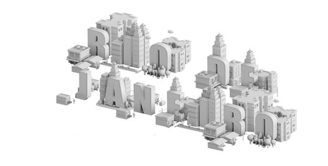 3d render of a mini city, typography 3d of the name rio de janeiro