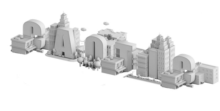 3d render of a mini city, typography 3d of the name caotic