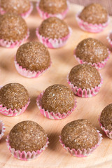 Selective focus on chocolate cupcake with coconut with shallow f