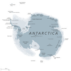 Antarctica political map with Geographic and Magnetic South pole, scientific research stations and ice shelfs. English labeling and scaling. Gray colored illustration on white background. Vector.