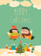 Cute couple of angels flying above the houses