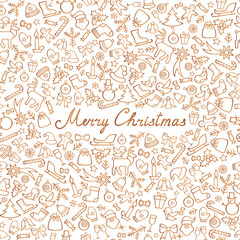 Christmas Icons Seamless Pattern. Happy Winter Holiday Wallpaper Greeting card, handwritten lettering merry Christmas