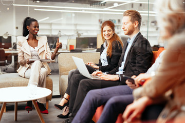 Business people conversation. Technology at hand