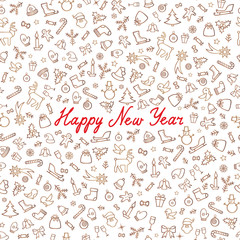 Happy New Year Greeting Crad. Doodle Icons Seamless Pattern. Happy Winter Holiday Background