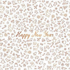Happy New Year Greeting Card. Happy Winter Holiday Icons Seamless Pattern.
