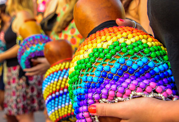 Colorful, juicy and bright big percussions in the street at sunny day at Festival de Fanfarras Ativistas - HONK RiO 2016 at Leme, Rio de Janeiro, Brazil