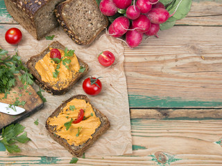 sandwich with tomato pate and chopped parsley - delicious breakfast