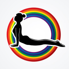 Yoga pose designed on line rainbows background graphic vector.