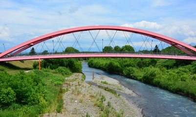 Landscape views, mountains, blue sky, fish, bridge.