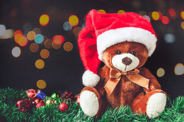 Teddy Bear and Santa  Hat in Christmas with Ball and Gift Box in