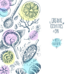 Hand drawn vector background, organic cosmetics, spa. Natural he