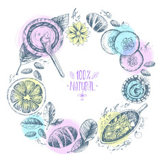 Hand drawn vector round wreath background, organic cosmetics, sp