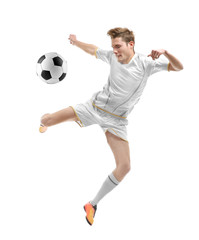 Professional football player on white background