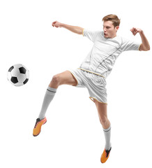 Professional football player on white background