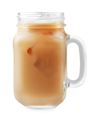 Jar of iced coffee with milk on white background