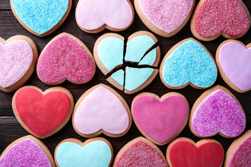 Heart shaped cookies background, top view