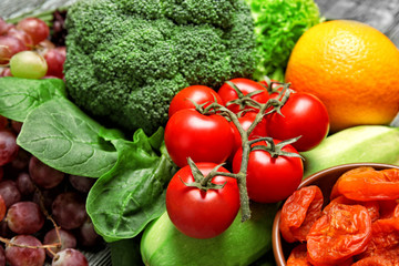 Fruits and vegetables background, closeup