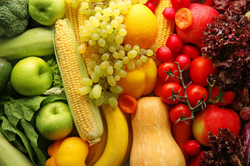 Fruits and vegetables background, closeup