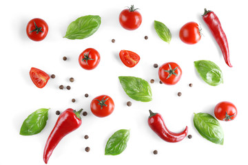 Fresh vegetables on white background, top view