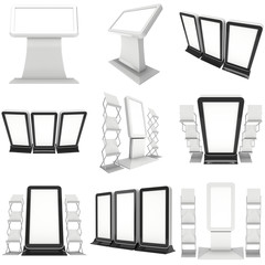 LCD Screen Floor Stand Set. Blank Trade Show Booth Collection. 3d render of lcd screen isolated on white background. High Resolution Floor Stand. Ad template for your expo design.