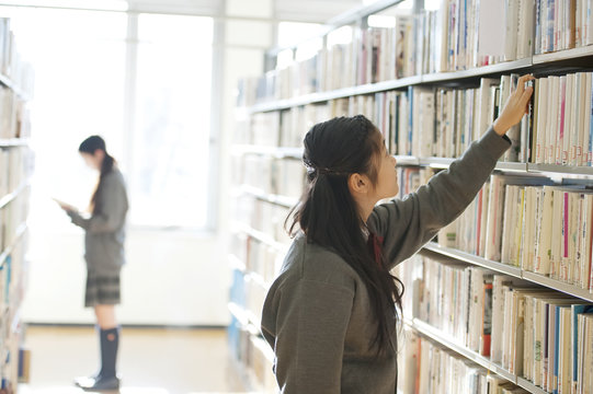 図書館で本を選ぶ中学生