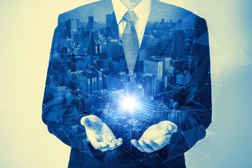 duotone double exposure of business person and technological vision abstract © metamorworks