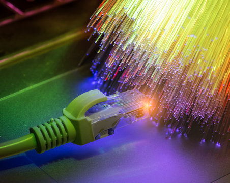 network cables closeup with fiber background