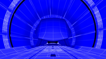 Futuristic train module on magnetic track, blueprint background. 3d rendering